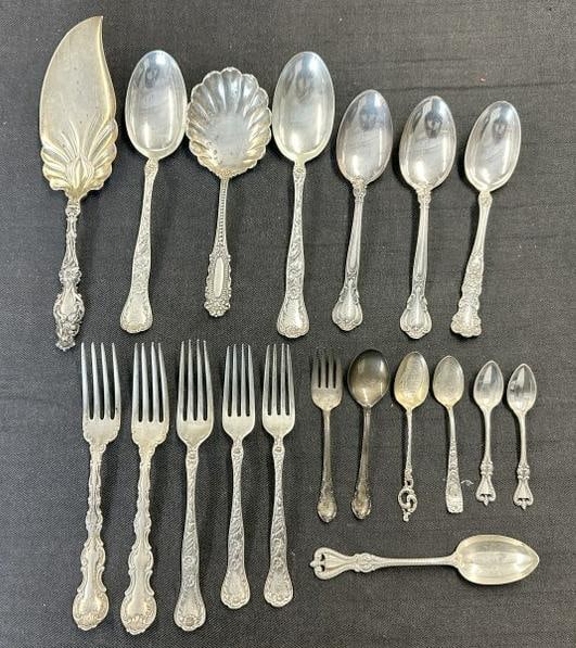 Estate lot STERLING SILVER including large fish knife, other serving utensils, souvenir spoons, (1 of 5)
