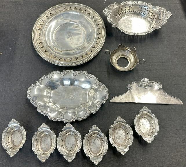 Estate lot STERLING SILVER, from Virginia estate, includes (6) STIEF small dishes, bowls, plate,: Estate lot STERLING SILVER, from Virginia estate, includes (6) STIEF small dishes, bowls, plate, crumber, etc. Good lot for dealer to sort out….weighs 25.66 troy ounces…..some monogrammed…..