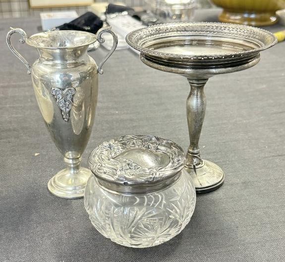 Estate (3) pc. STERLING SILVER lot to include weighted compote, dresser cut glass jar with sterling (1 of 6)