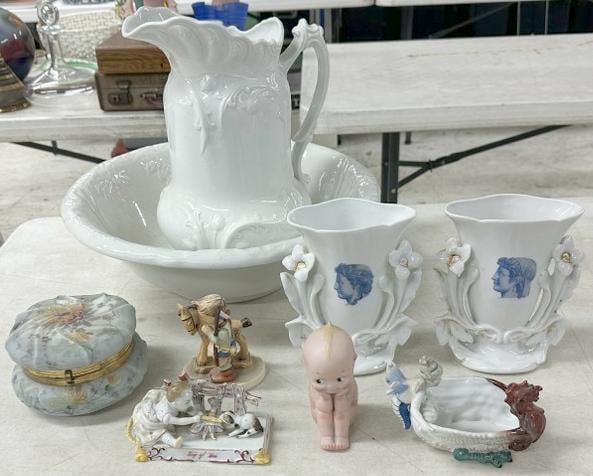 Estate lot of porcelains and ceramics, from Hudson Valley estate, washbowl & pitcher, Hummel, pair: Estate lot of porcelains and ceramics, from Hudson Valley estate, washbowl & pitcher, Hummel, pair vases, wavecrest dresser jar, etc…...good overall condition.