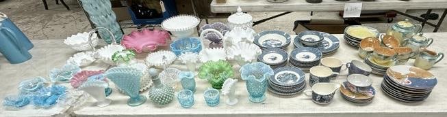 Big estate lot of glasswares & porcelains, colored hobnail glasswares, Asian porcelain tea set, etc.