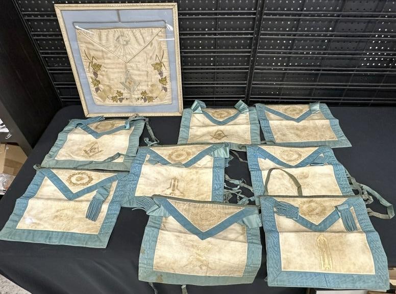 MASONIC (9) early lamb skin aprons, including one framed, from local Hudson Valley estate, good lot (1 of 9)