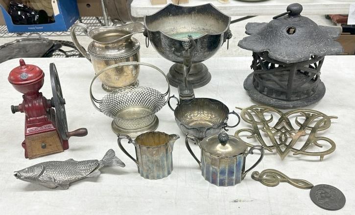 Estate metalwares lot to incl. silverplate, bronze male figure on marble base, brass trivets, coffee (1 of 10)