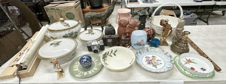 Misc. estate lot of goods to include ceramics, pottery, covered pottery dishes, 2 older cameras, (1 of 12)