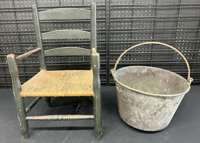 (2) pc. Country lot to include a brass pail & rush seat childs chair in old dark greenish paint, (1 of 2)