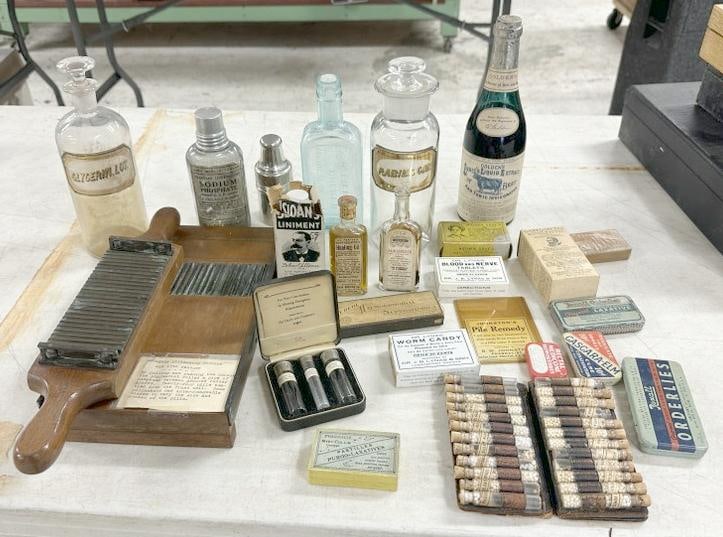 Antique medicine bottles, tins, pill making molds, etc….found in old Doctor's Office in Kingston, (1 of 14)