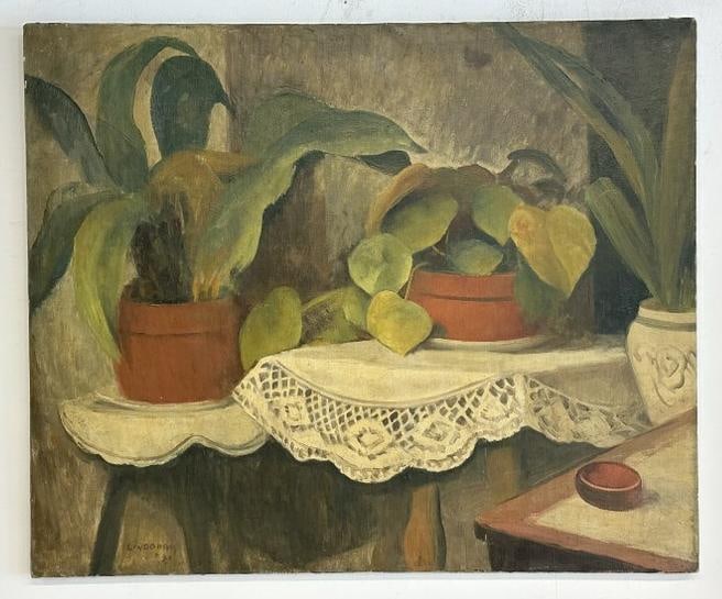 Carl Lindborg (1903 - 1994) o/c still life with potted plants on stands, signed lower left, date (1 of 3)