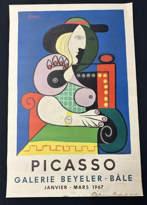 PICASSO GALERIE BEYELER - BALE 1967 Gallery Poster, nice crisp color, old stains on bottom edge,: PICASSO GALERIE BEYELER - BALE 1967 Gallery Poster, nice crisp color, old stains on bottom edge, poster measures 30.5" x 20".