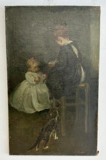 Mattie L. Goodwin (1856 - 1930) o/c Mother, Daughter & Cat, signed lower right, old label on back as (1 of 5)