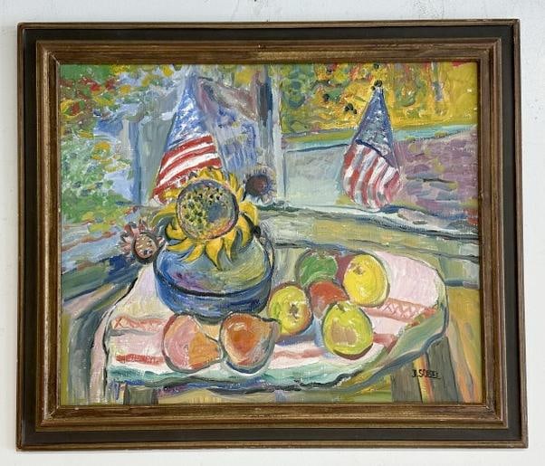 Jehudith Sobel (1924 - 2012) o/c still life with fruit and American flags on table, signed lower (1 of 4)