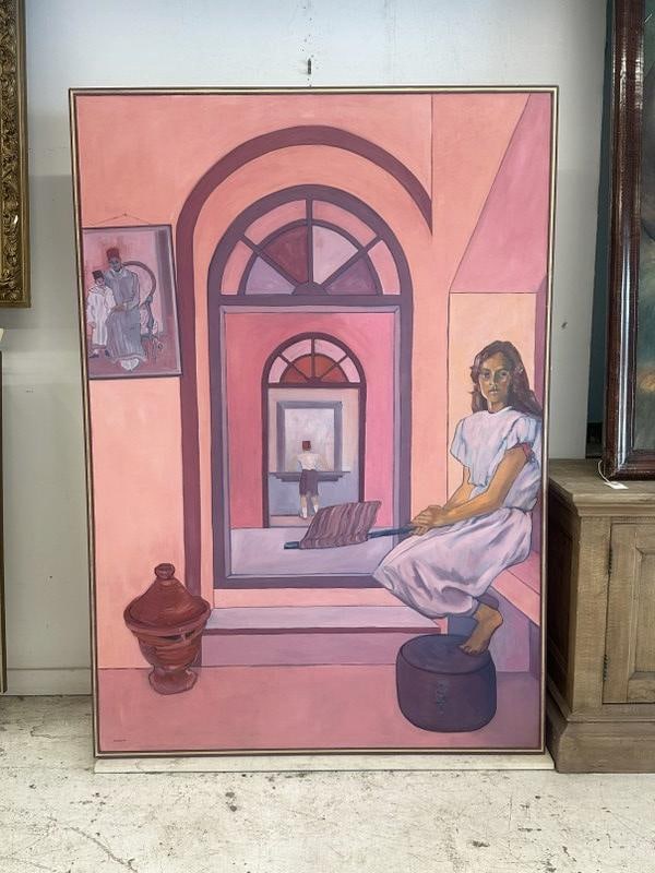 Large contemporary o/c Woman seated by window, with people in background, signed ( ANDERSON ), in: Large contemporary o/c Woman seated by window, with people in background, signed ( ANDERSON ), in thin wood frame. Very nice condition, painting measures 71" x 50". From the Hudson, New York estate of