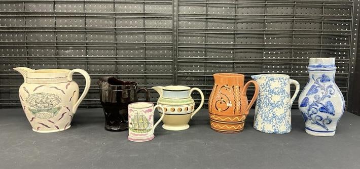 (7) pc. Estate lot of ceramics & (1) ruby red glass pitcher, some early pieces all with damage (1 of 11)