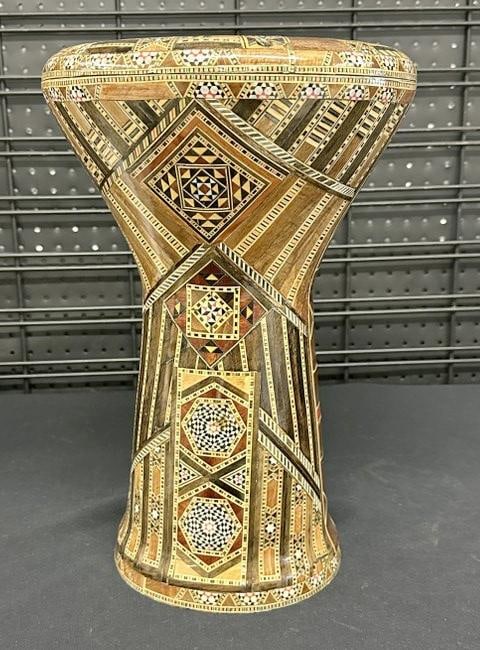 Middle Eastern goblet drum or darbika with intricate wood inlaid design over medal body, with (1 of 4)