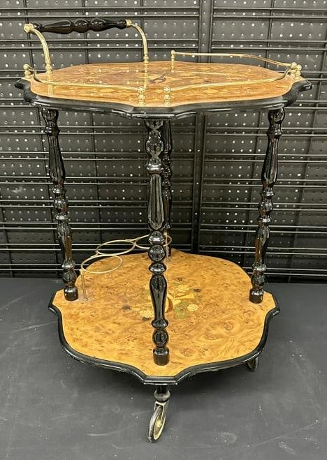 Pristine Made in Italy heavily inlaid bar cart, from local home, has brass rail and bottle holders: Pristine Made in Italy heavily inlaid bar cart, from local home, has brass rail and bottle holders on bottom, very clean, structurally sound, and wonderful appearance….measures approx. 28" high x 22
