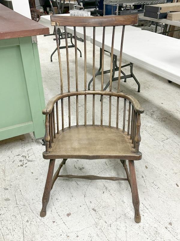Early as found spindle back rocking chair, oak, missing one spindle, and small piece off back as (1 of 3)