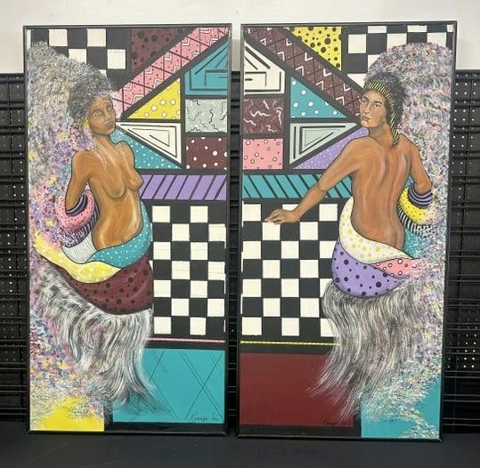 Ronnye Jai (2) o/c whimsical paintings with risque dressed women directly from her estate Studio in: Ronnye Jai (2) o/c whimsical paintings with risque dressed women directly from her estate Studio in Woodstock, N.Y. They each measure 47.5" x 24", in very nice estate condition. Ronnye Jai’s true lo