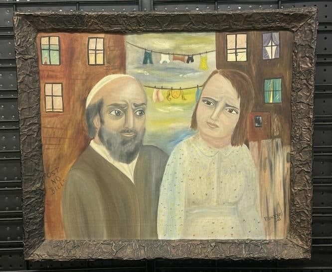 Ronnye Jai o/c of Man & Woman most likely in NYC tenement , signed lower right, in metal crafted (1 of 1)