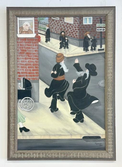 Ronnie Jai Judaica o/c with Hasidim on the street corners ( most likely NYC ), signed lower right, (1 of 1)