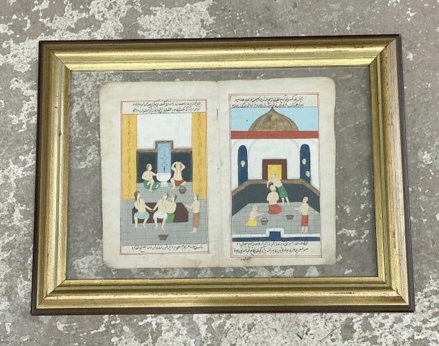 Framed Indian or Persian manuscript, on double glass , so you can see both sides. Nicely ilustrated,: Framed Indian or Persian manuscript, on double glass , so you can see both sides. Nicely ilustrated, page measures 8.5" x 10", the frame measures 12 x 16.5".