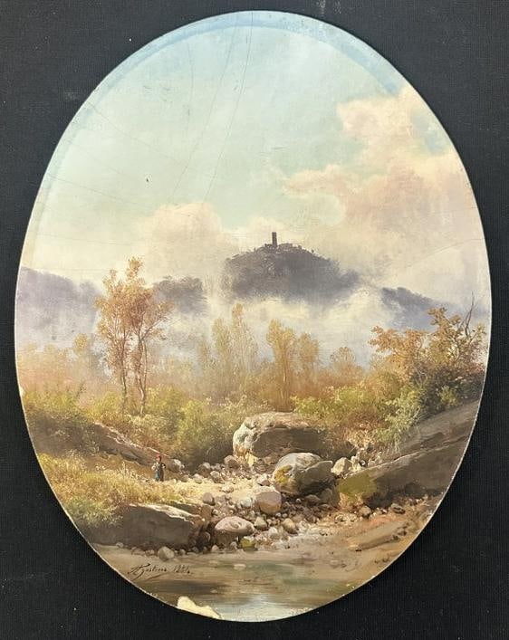 Guido Agostini (act. c. 1865-1898) o/b landscape, signed bottom left and dated 1184, has small chip: Guido Agostini (act. c. 1865-1898) o/b landscape, signed bottom left and dated 1184, has small chip on bottom edge, no frame, information on back as pictured…..from local estate, measures 13.25" x 1