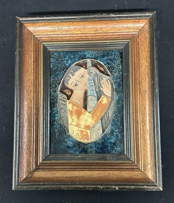 Ruth Faktorowicz (Born 1937) framed ceramic title with boy playing a harp, from local estate, fine (1 of 2)
