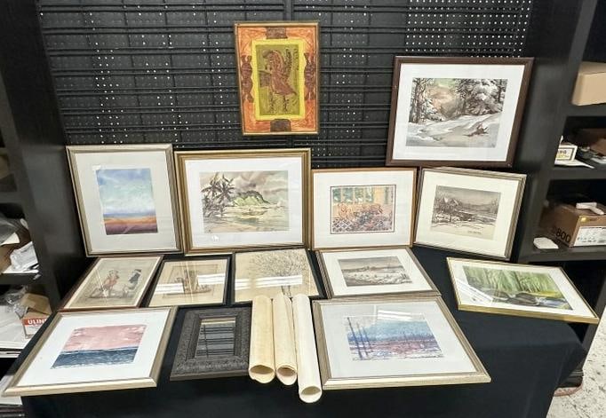 Big estate artwork lot including pastels, prints, decorative small mirror, (3) rolled up prints and (1 of 12)