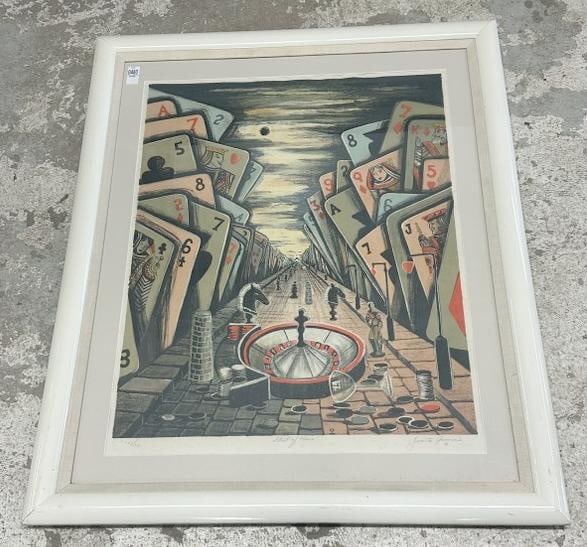 Juanita Rice Marbrook Guccione (1904 - 1999) color lithograph titled ( STREET OF CHANCE ), signed: Juanita Rice Marbrook Guccione (1904 - 1999) color lithograph titled ( STREET OF CHANCE ), signed lower right, number 183 of 275. In white plastic frame, lithograph in very nice overall condition. Lit