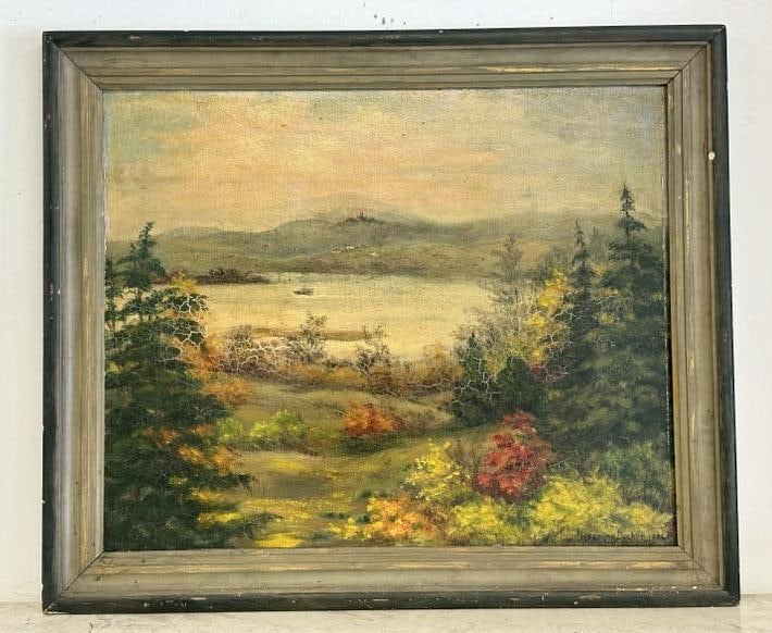 Jasmine Decker impressionist Hudson Valley landscape dated 1953, has age crackling, oil on board, (1 of 2)