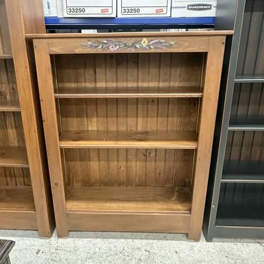 Pine open shelf bookcase with adjustable shelves, has flowers handpainted on top, measures 49" high (1 of 1)