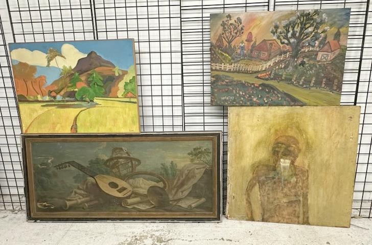(12) large misc. paintings & (1) needlepoint from Hudson, N.Y. estate of Albert Burnette Roberts, (1 of 14)