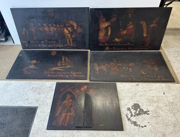 (5) circa 1940's or so painted wood panels with classical scenes and sayings, signed illegibly, the: (5) circa 1940's or so painted wood panels with classical scenes and sayings, signed illegibly, the panel with double door opens with nude Woman behind the door, possibly from a club or socity....not