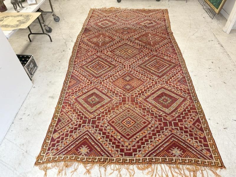 Handmade Moroccan wool rug, nice condition, from fine home in Hudson Valley, measures 146.5" x 73". (1 of 3)