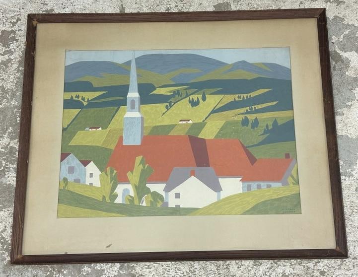Bertram Richard Brooker (1888 - 1955) silkscreen print titled ( CHURCH VILLAGE - LAURENTIAN VILLAGE (1 of 3)