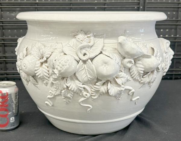 Large ceramic white glazed planter, not used as a planter, clean inside, decorative fruit and leaves (1 of 4)