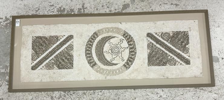 Nicely framed Mexican handmade amate bark wall art, from local home in the Hudson Valley…..frame: Nicely framed Mexican handmade amate bark wall art, from local home in the Hudson Valley…..frame measures 20.5" x 52". Fine condition….