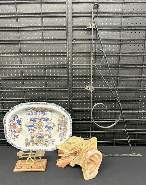 (4) pc. Misc. estate lot to include metal sign hanger, early brass scale, older ear display possibly (1 of 6)