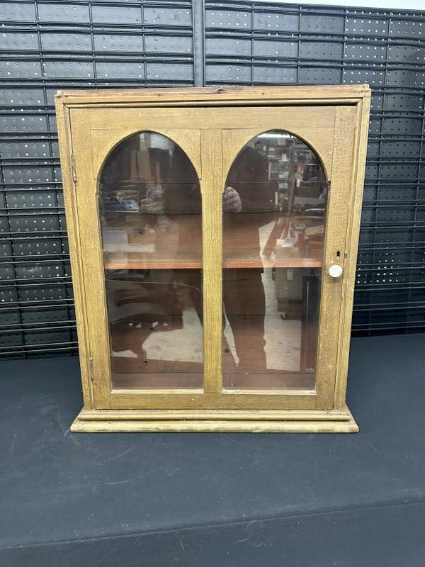 Grain painted 19th c 2 door hanging cabinet, has one glass with cracked panel, from Hudson Valley (1 of 3)