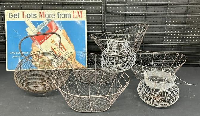 Estate lot of wire baskets and L & M vintage metal sign, sign measures 18" x 24", sign has some rust: Estate lot of wire baskets and L & M vintage metal sign, sign measures 18" x 24", sign has some rust spots and a few creases…..