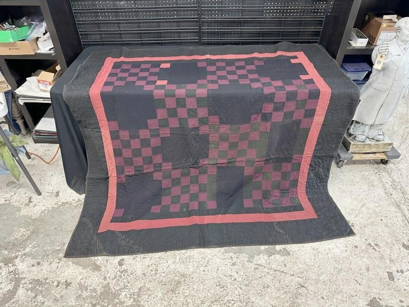 Estate textile lot to include black & red checkerboard quilt that measures approx. 74" x 68", hook (1 of 4)