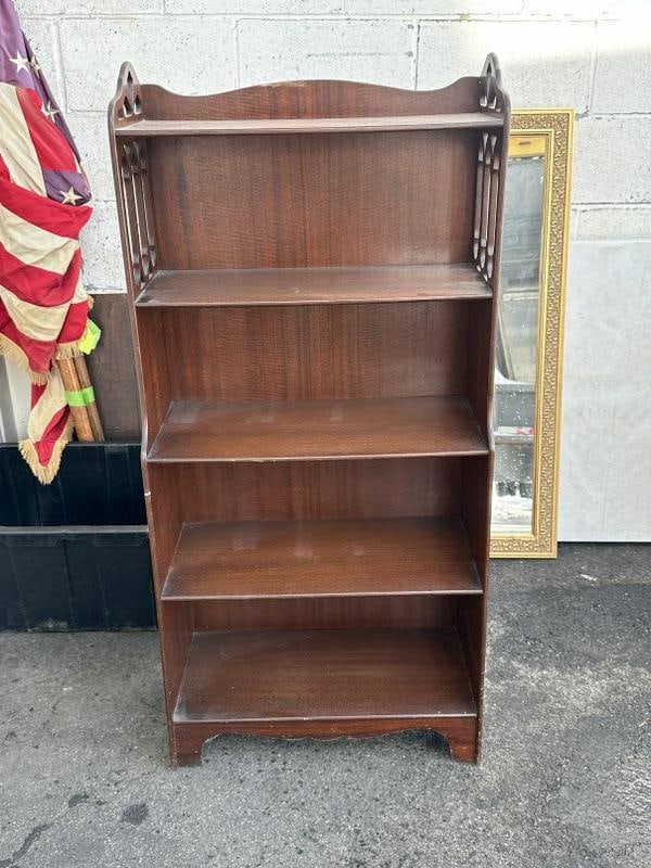 Mahogany small open shelf bookcase, good overall condition, measures 22" wide x 10.5" deep x 46.75" (1 of 2)