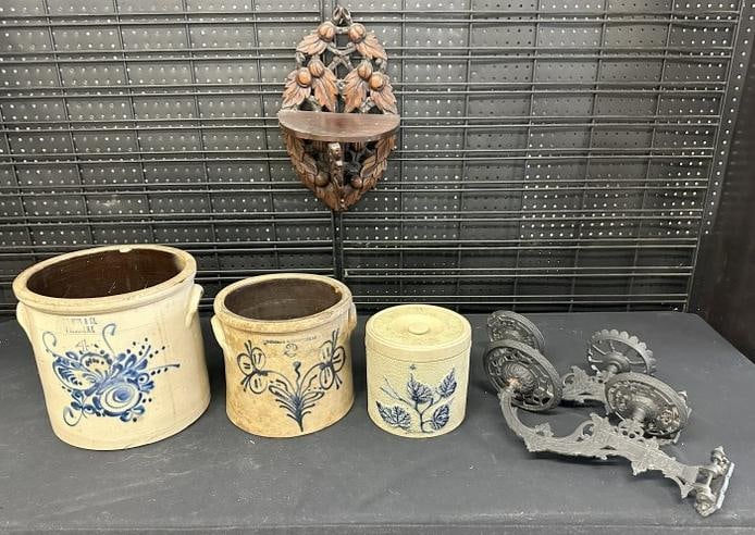 (5) pc. Estate lot to include 4 gallon Fort Edward decorated crock with chips, 2 gallon W. Roberts (1 of 9)