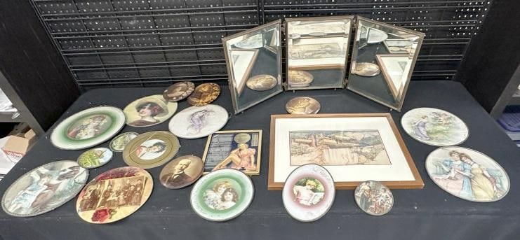 Misc. estate lot to include celluloid back folding mirror, celluloid photograph pins, flute covers, (1 of 5)