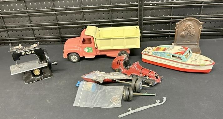Misc. older toy lot, BUDDY L TRUCK, SINGER sewing machine, tin litho boat, Bradley & Hubbard bronze (1 of 7)