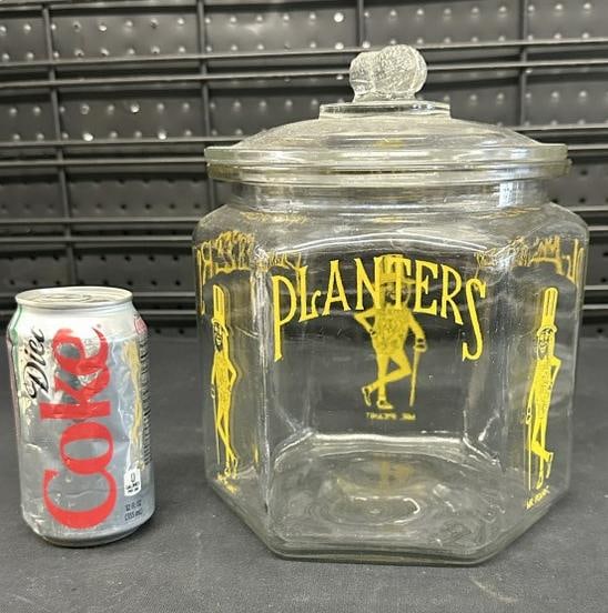 Old PLANTERS PEANUTS countertop display jar, a few small chips on lid rim, measures 7.5" high. (1 of 2)