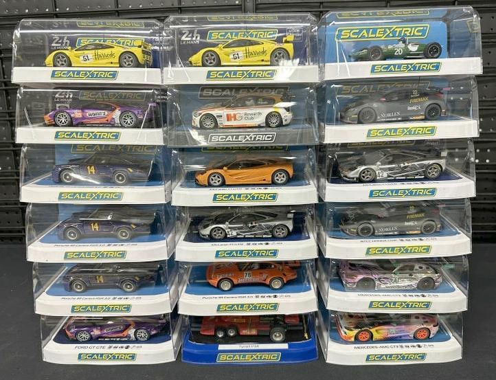 (18) SCALEXTRIC 1/32 scale slot cars, all in original packaging, in month condition. From estate: (18) SCALEXTRIC 1/32 scale slot cars, all in original packaging, in month condition. From estate collection of over 2400 slot cars we will be selling in next few auctions. He collected them and cheris