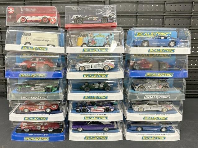 (17) 1/32 scale slot cars in original packaging, unused, most all are SCALEXTRIC. From estate (1 of 5)