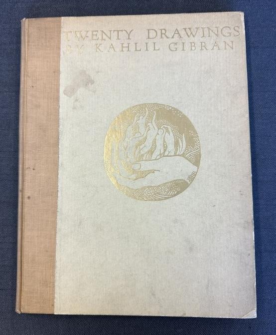 TWENTY DRAWINGS BY KAHIL GIBRAN, from estate collection of Charles J. Carlotti, in overall nice: TWENTY DRAWINGS BY KAHIL GIBRAN, from estate collection of Charles J. Carlotti, in overall nice condition, Published 1919. Some minor scuffs to edge of covers, light stains on cover…..just as we fou