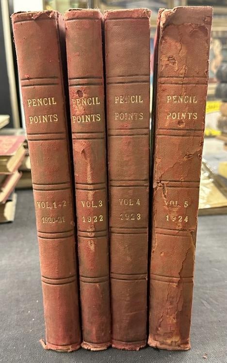 (4) bound Volumes of PENCIL POINTS Magazines, starting with Volume 1 (1920 ), wear to leather: (4) bound Volumes of PENCIL POINTS Magazines, starting with Volume 1 (1920 ), wear to leather spines, books complete, clean inside, the wear is on the spines, from the estate library of Charles J. Car