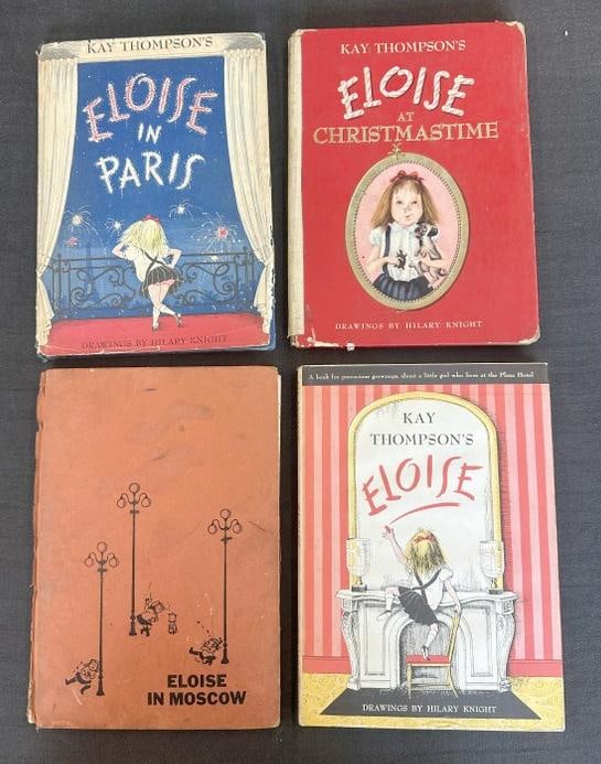 (4) ELOISE children's books, from estate collection in Hudson Valley, (2) with dust jackets (Eloise: (4) ELOISE children's books, from estate collection in Hudson Valley, (2) with dust jackets (Eloise in Paris dj in rough condition ), some children's writing in (2)….just as we found them…..will p