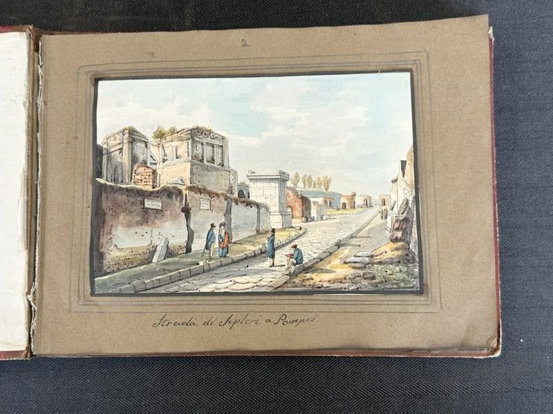 Wonderful album of (35) watercolor Italian landscapes and Village scenes, all identified, mostly all: Wonderful album of (35) watercolor Italian landscapes and Village scenes, all identified, mostly all are ( POMPEI ), some loose pages, on front cover you can see there was a name scratched in front co